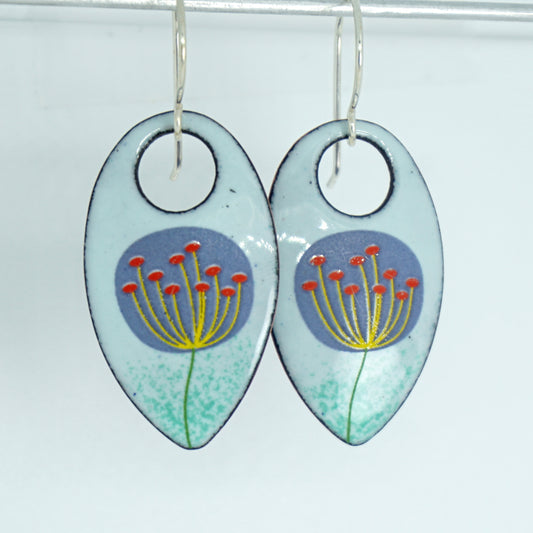 Purple and Yellow Dandelions on Light Seafoam Green Teardrop Earrings