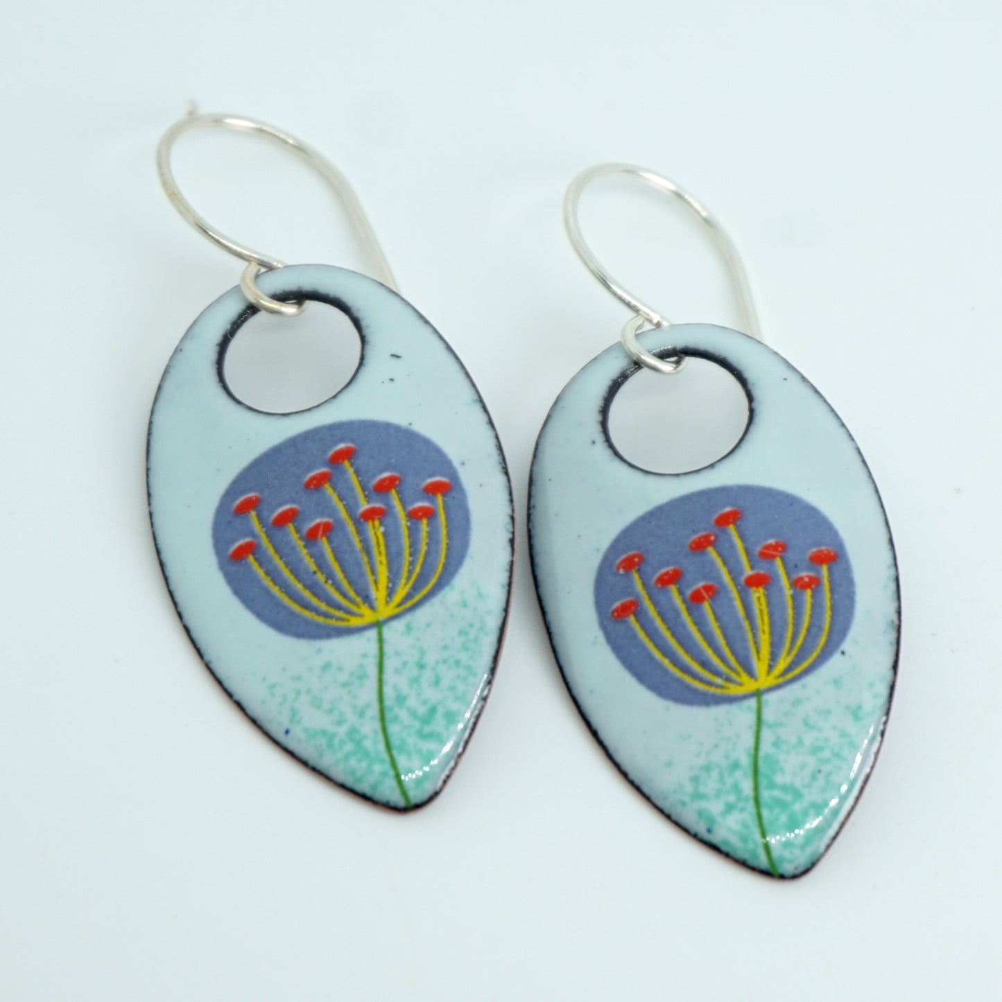 Purple and Yellow Dandelions on Light Seafoam Green Teardrop Earrings