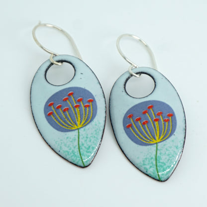 Purple and Yellow Dandelions on Light Seafoam Green Teardrop Earrings