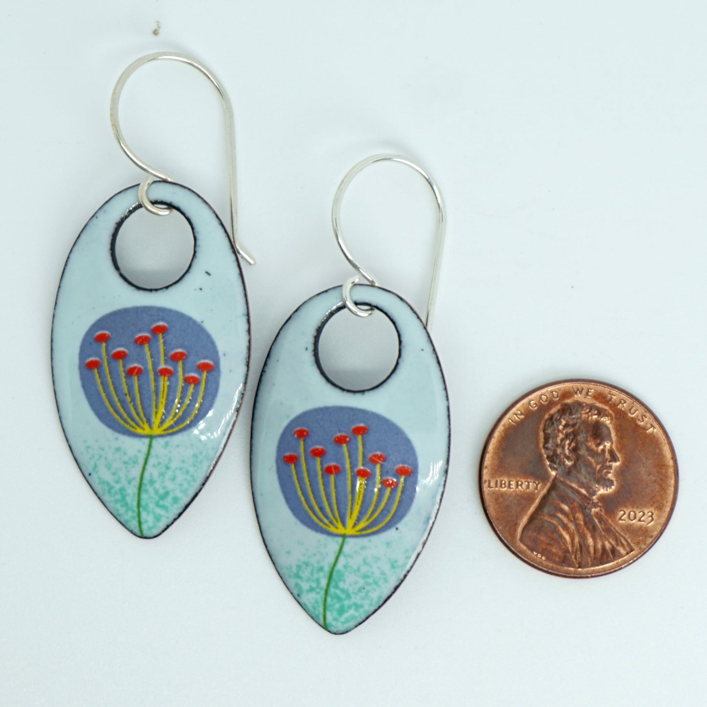 Purple and Yellow Dandelions on Light Seafoam Green Teardrop Earrings