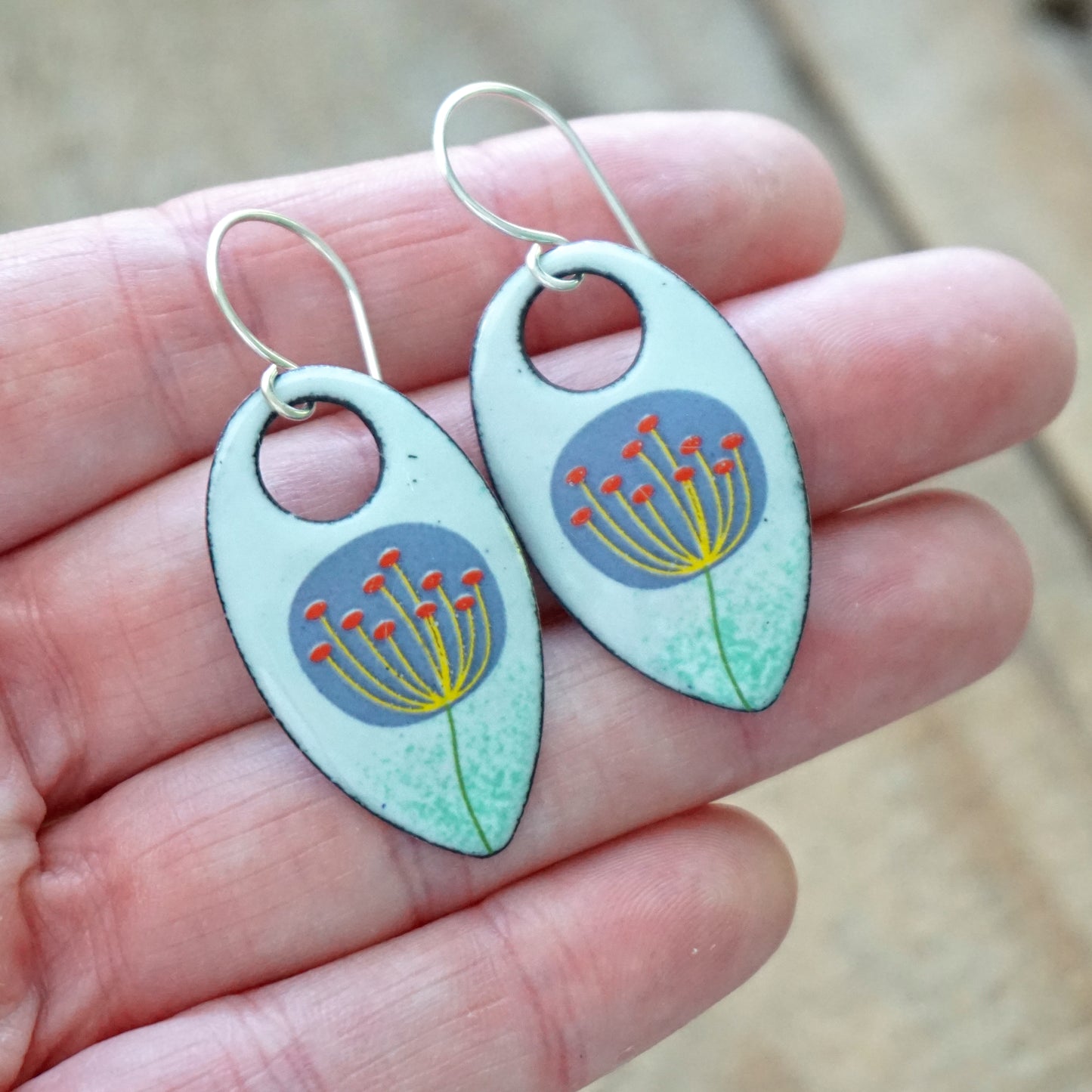 Purple and Yellow Dandelions on Light Seafoam Green Teardrop Earrings