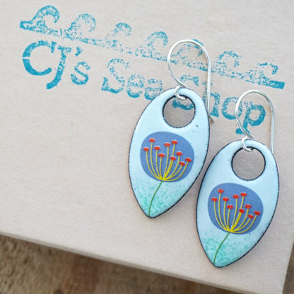 Purple and Yellow Dandelions on Light Seafoam Green Teardrop Earrings