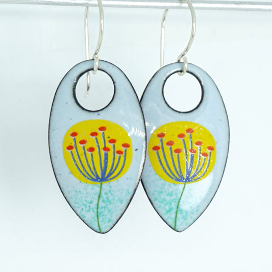 Yellow and Blue Dandelions on Light Blue Teardrop Earrings