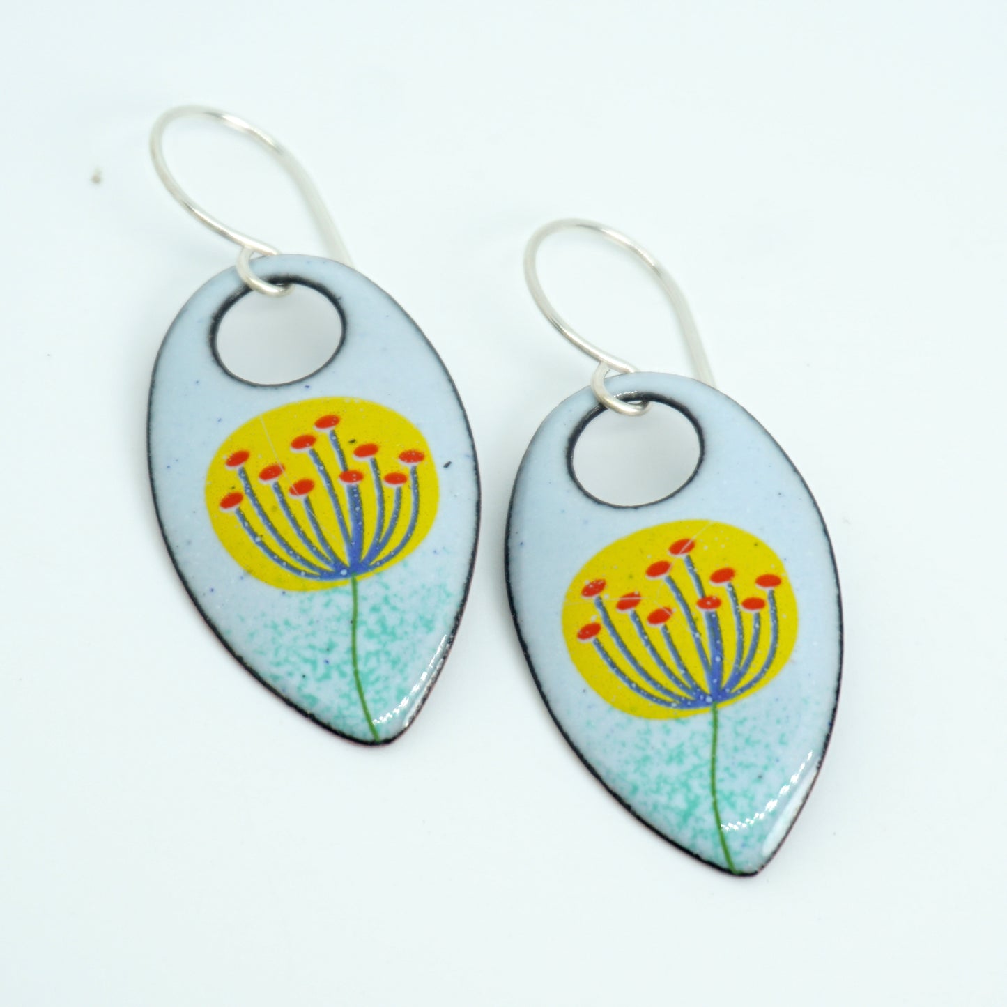 Yellow and Blue Dandelions on Light Blue Teardrop Earrings