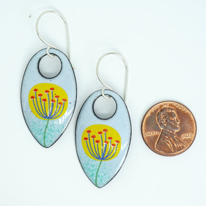 Yellow and Blue Dandelions on Light Blue Teardrop Earrings