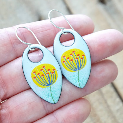 Yellow and Blue Dandelions on Light Blue Teardrop Earrings