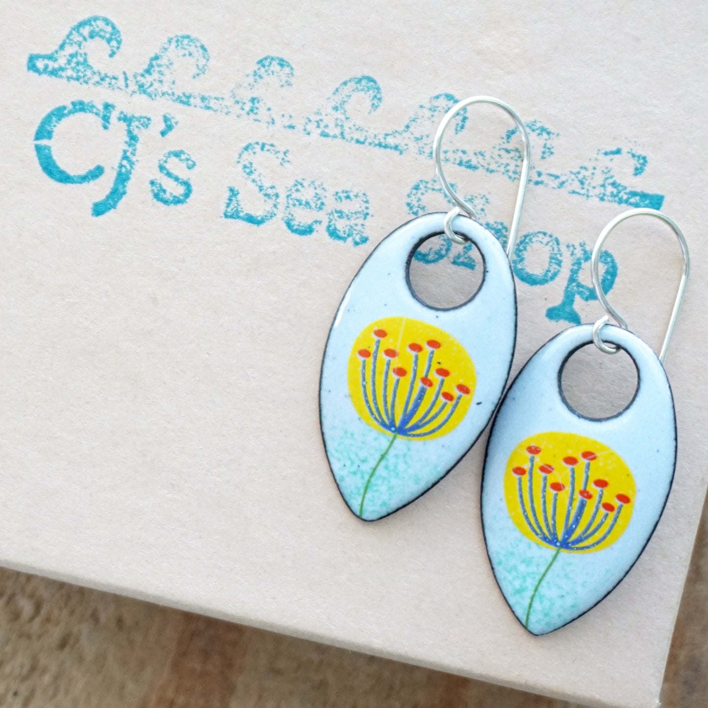 Yellow and Blue Dandelions on Light Blue Teardrop Earrings