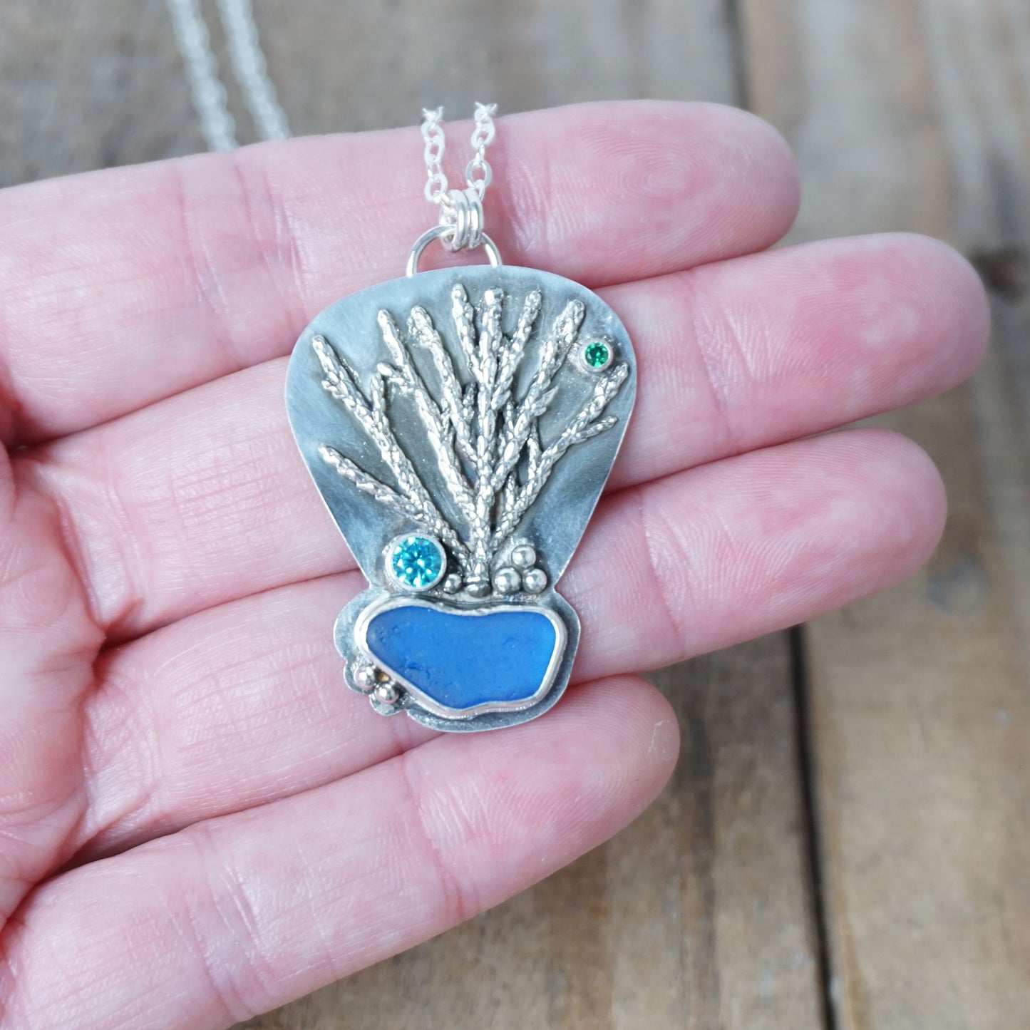 Cobalt Blue Sea Glass and Coral Reef Pendant