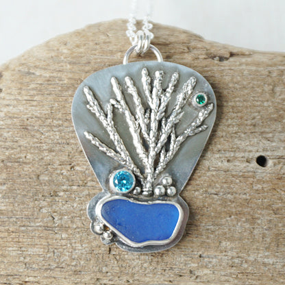 Cobalt Blue Sea Glass and Coral Reef Pendant