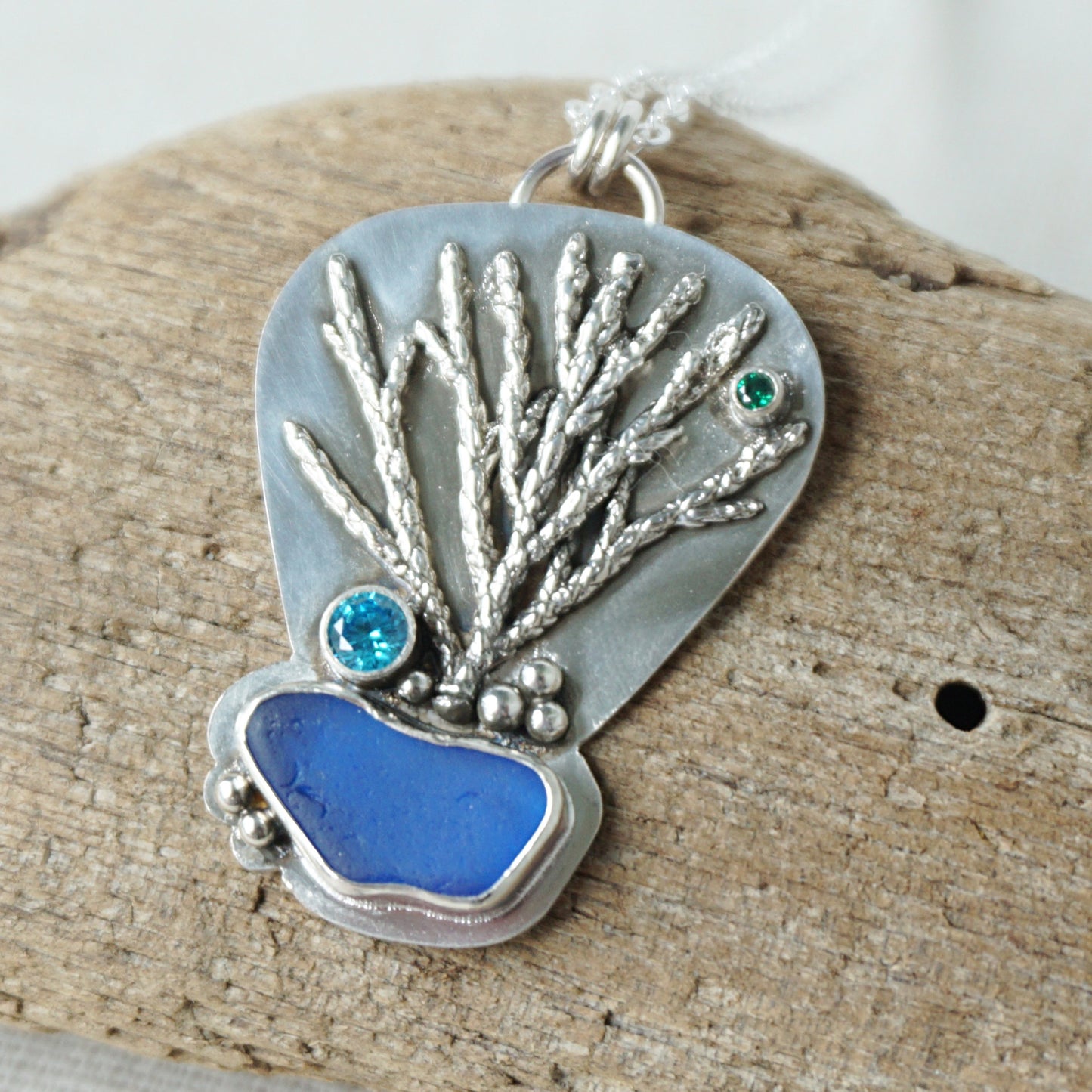 Cobalt Blue Sea Glass and Coral Reef Pendant