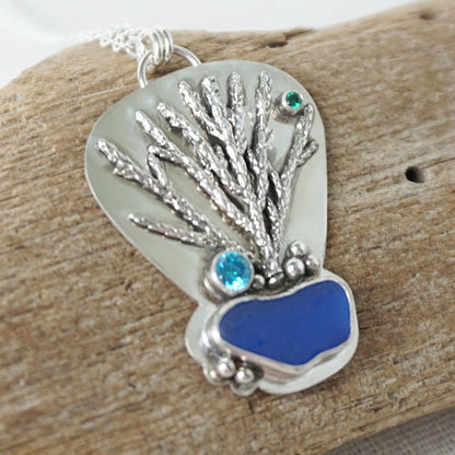 Cobalt Blue Sea Glass and Coral Reef Pendant