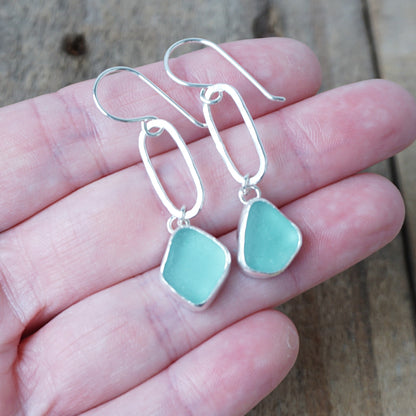 Teal Blue Green Sea Glass Paperclip Earrings