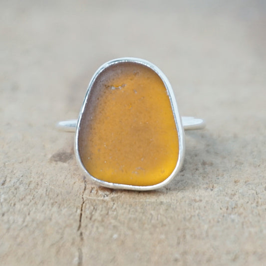 Size 7 3/4 Amber Brown Sea Glass Ring