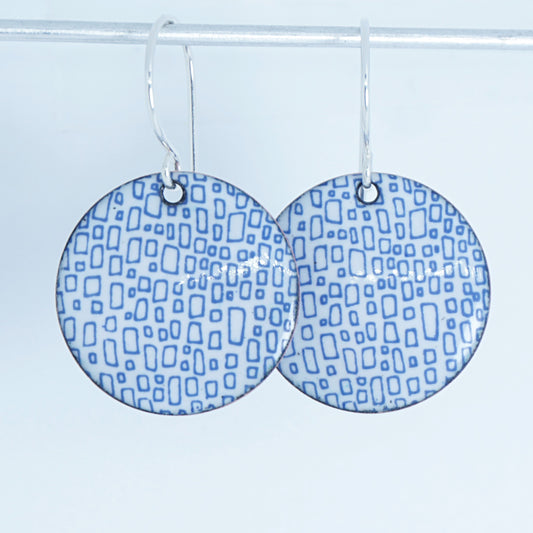 Blue Square Accents on White Enamel Disc Earrings