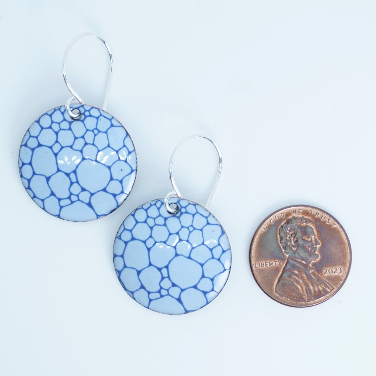 Blue Bubble Accents on Light Blue Enamel Disc Earrings