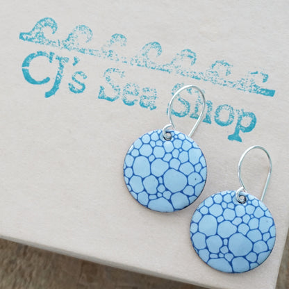 Blue Bubble Accents on Light Blue Enamel Disc Earrings