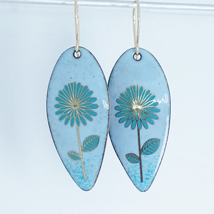 Gold and Teal Daisies on Light Blue Enamel Teardrop Earrings