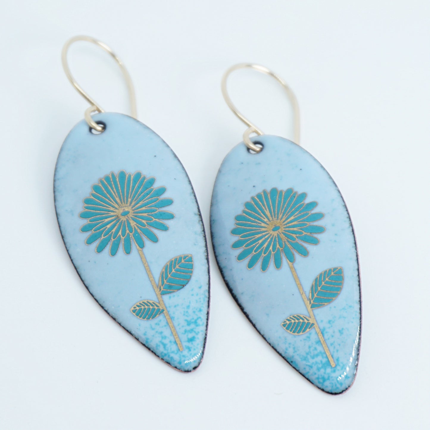 Gold and Teal Daisies on Light Blue Enamel Teardrop Earrings