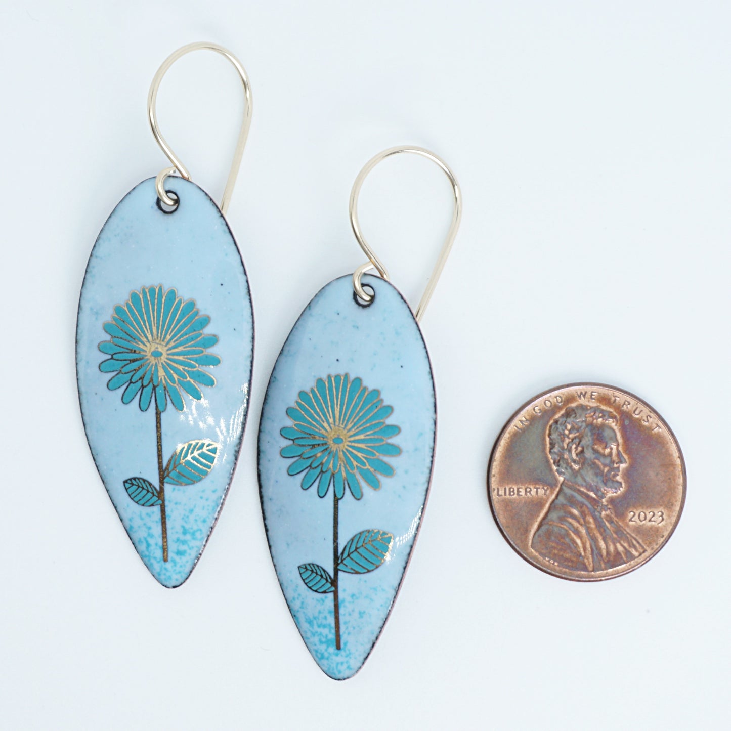 Gold and Teal Daisies on Light Blue Enamel Teardrop Earrings