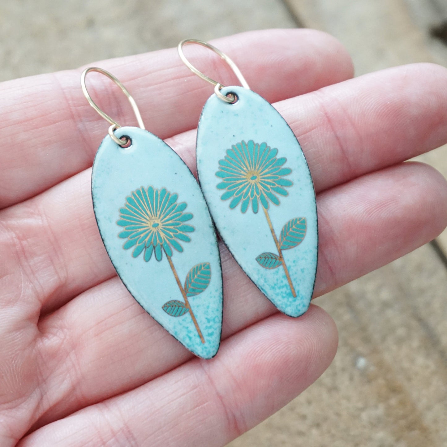 Gold and Teal Daisies on Light Blue Enamel Teardrop Earrings