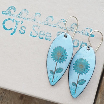 Gold and Teal Daisies on Light Blue Enamel Teardrop Earrings