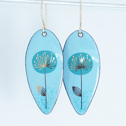 Gold and Teal Dandelion on Light Blue Enamel Teardrop Earrings