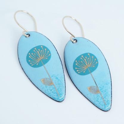 Gold and Teal Dandelion on Light Blue Enamel Teardrop Earrings