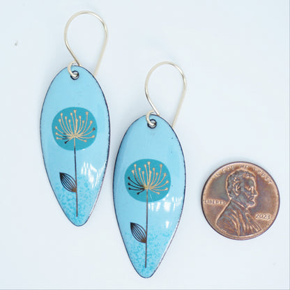 Gold and Teal Dandelion on Light Blue Enamel Teardrop Earrings