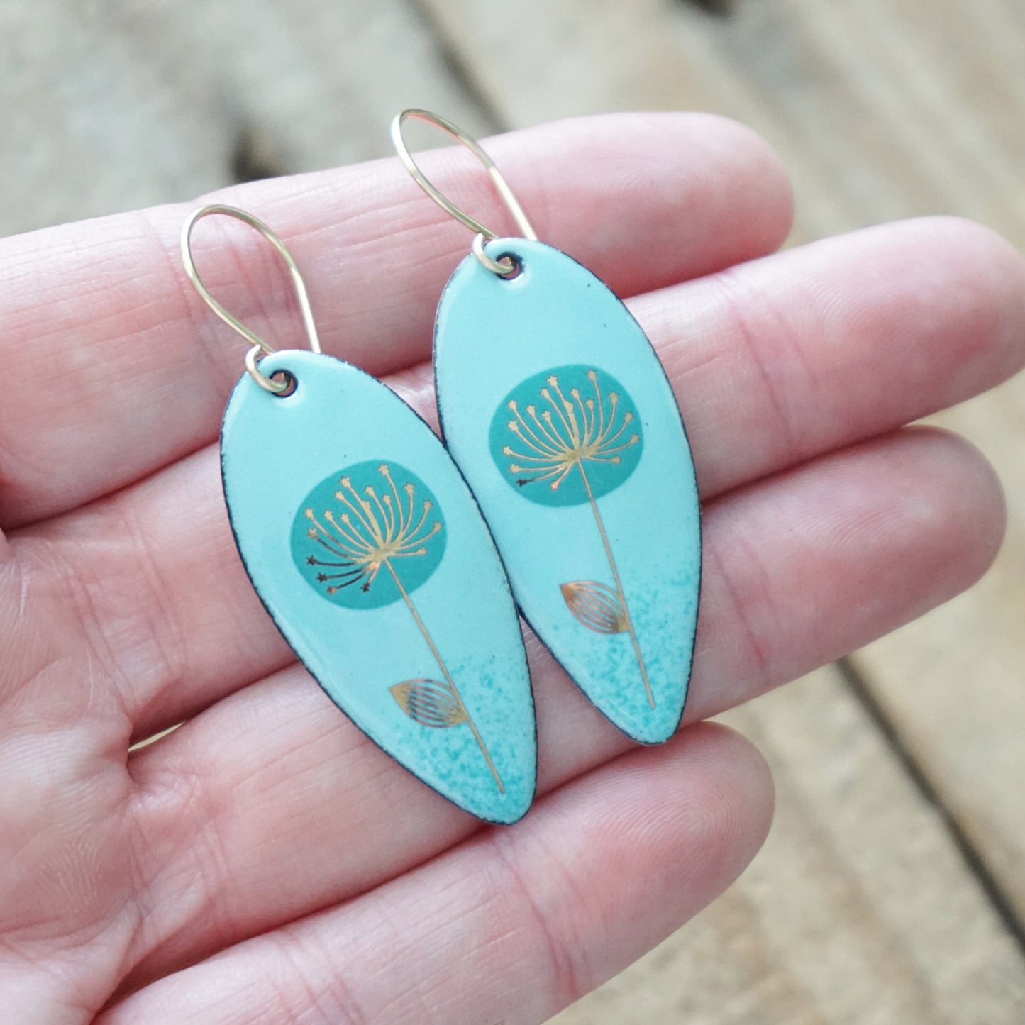 Gold and Teal Dandelion on Light Blue Enamel Teardrop Earrings