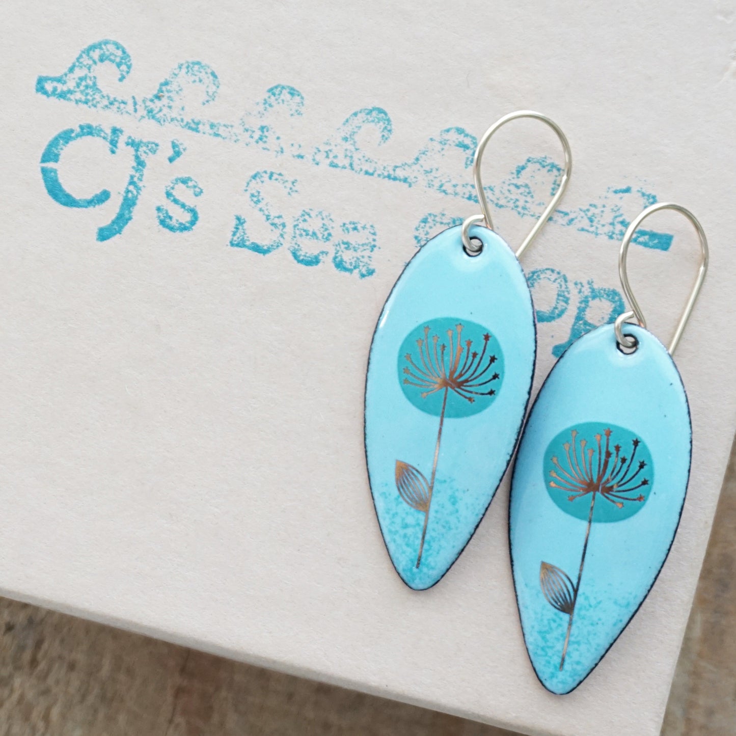 Gold and Teal Dandelion on Light Blue Enamel Teardrop Earrings