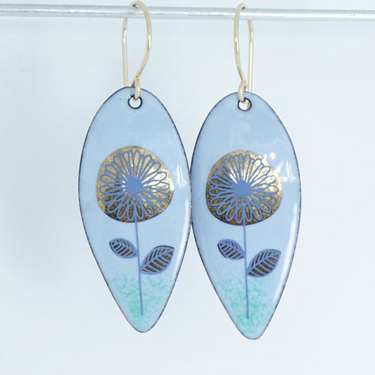 Gold and Blue Daisies on Light Blue Enamel Teardrop Earrings