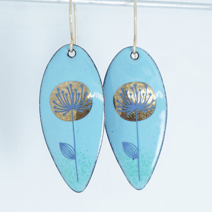 Gold and Blue Dandelions on Light Blue Enamel Teardrop Earrings