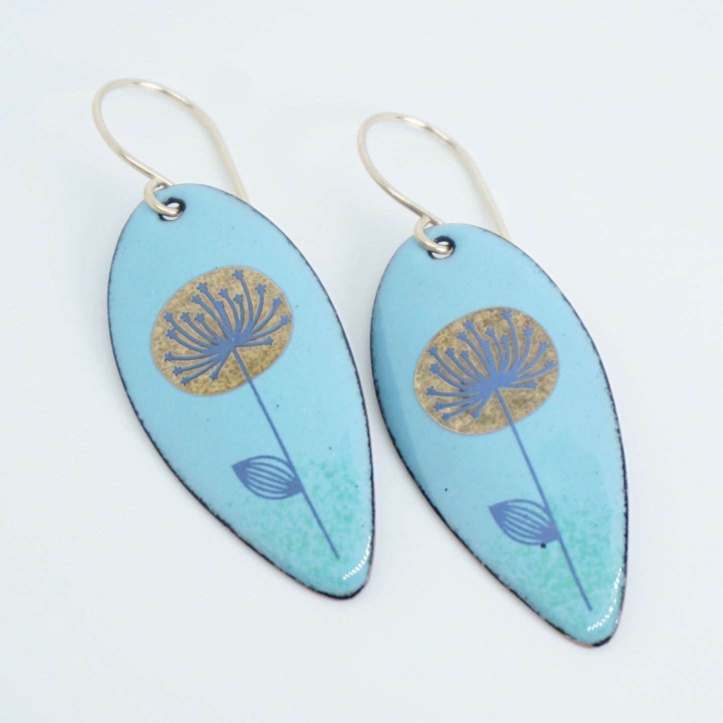 Gold and Blue Dandelions on Light Blue Enamel Teardrop Earrings