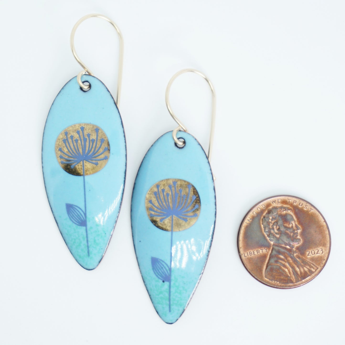 Gold and Blue Dandelions on Light Blue Enamel Teardrop Earrings