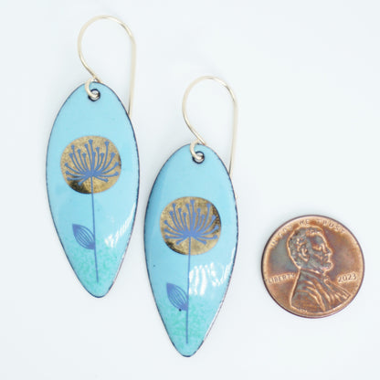 Gold and Blue Dandelions on Light Blue Enamel Teardrop Earrings