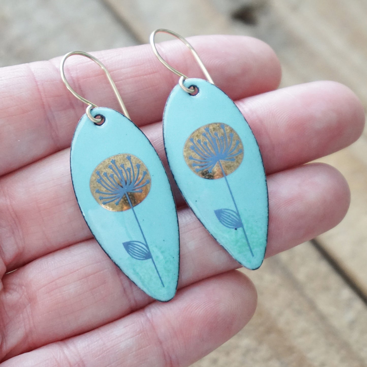 Gold and Blue Dandelions on Light Blue Enamel Teardrop Earrings