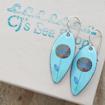 Gold and Blue Dandelions on Light Blue Enamel Teardrop Earrings