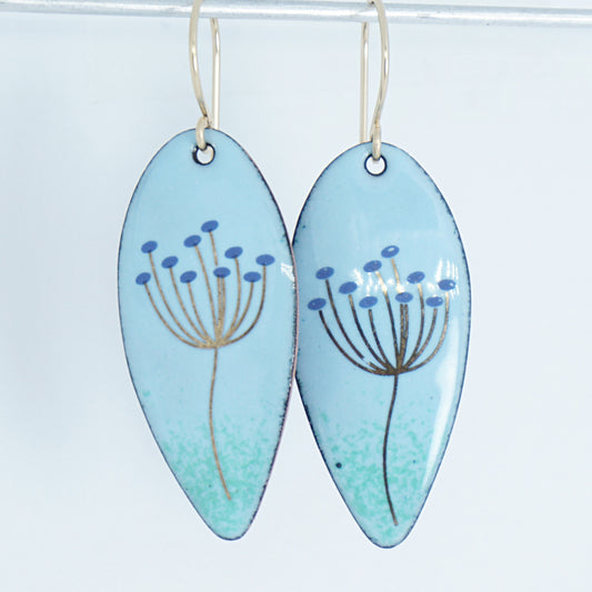 Gold and Blue Dandelions on Light Blue Enamel Teardrop Earrings