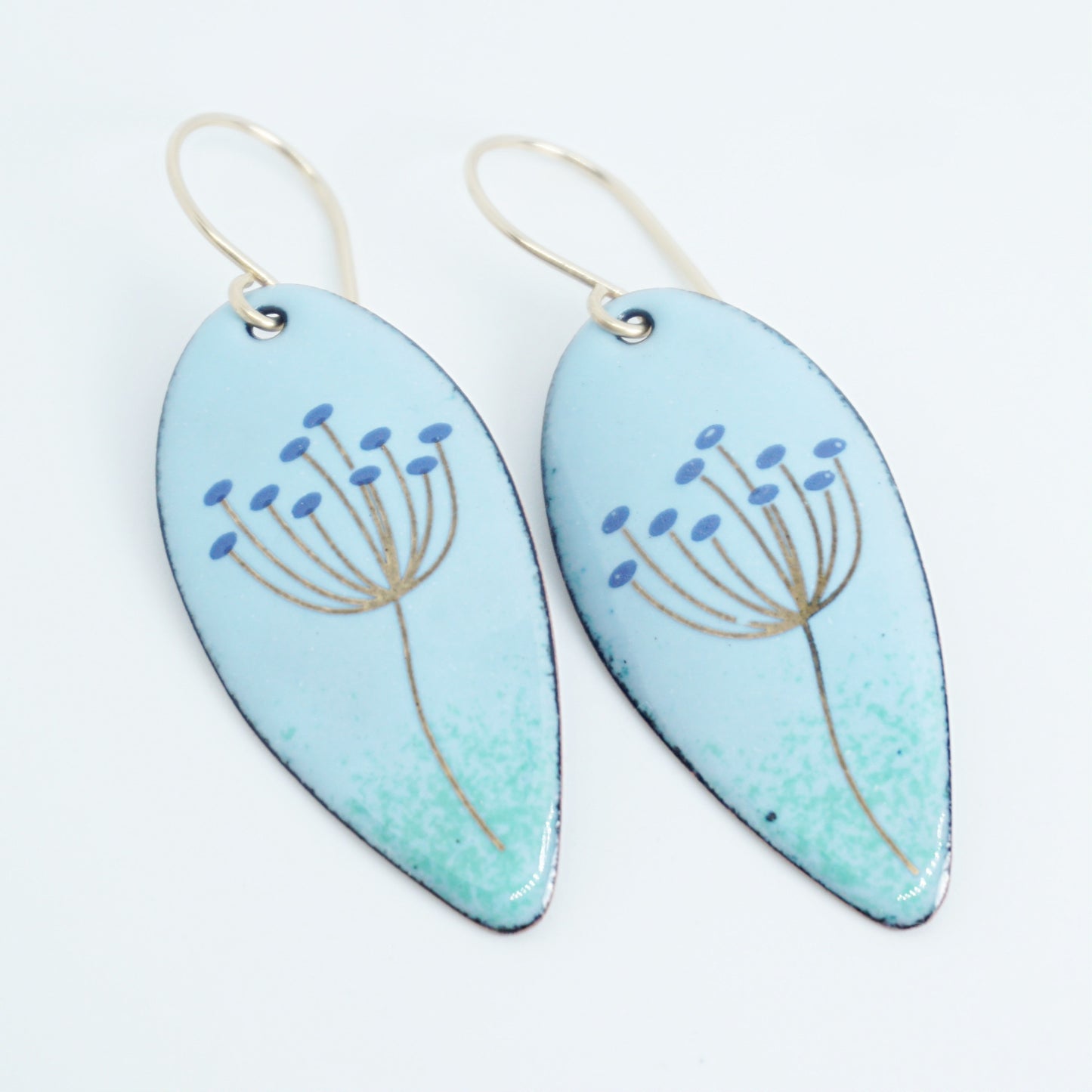 Gold and Blue Dandelions on Light Blue Enamel Teardrop Earrings