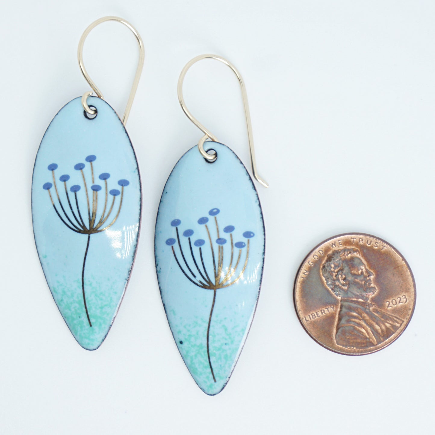 Gold and Blue Dandelions on Light Blue Enamel Teardrop Earrings