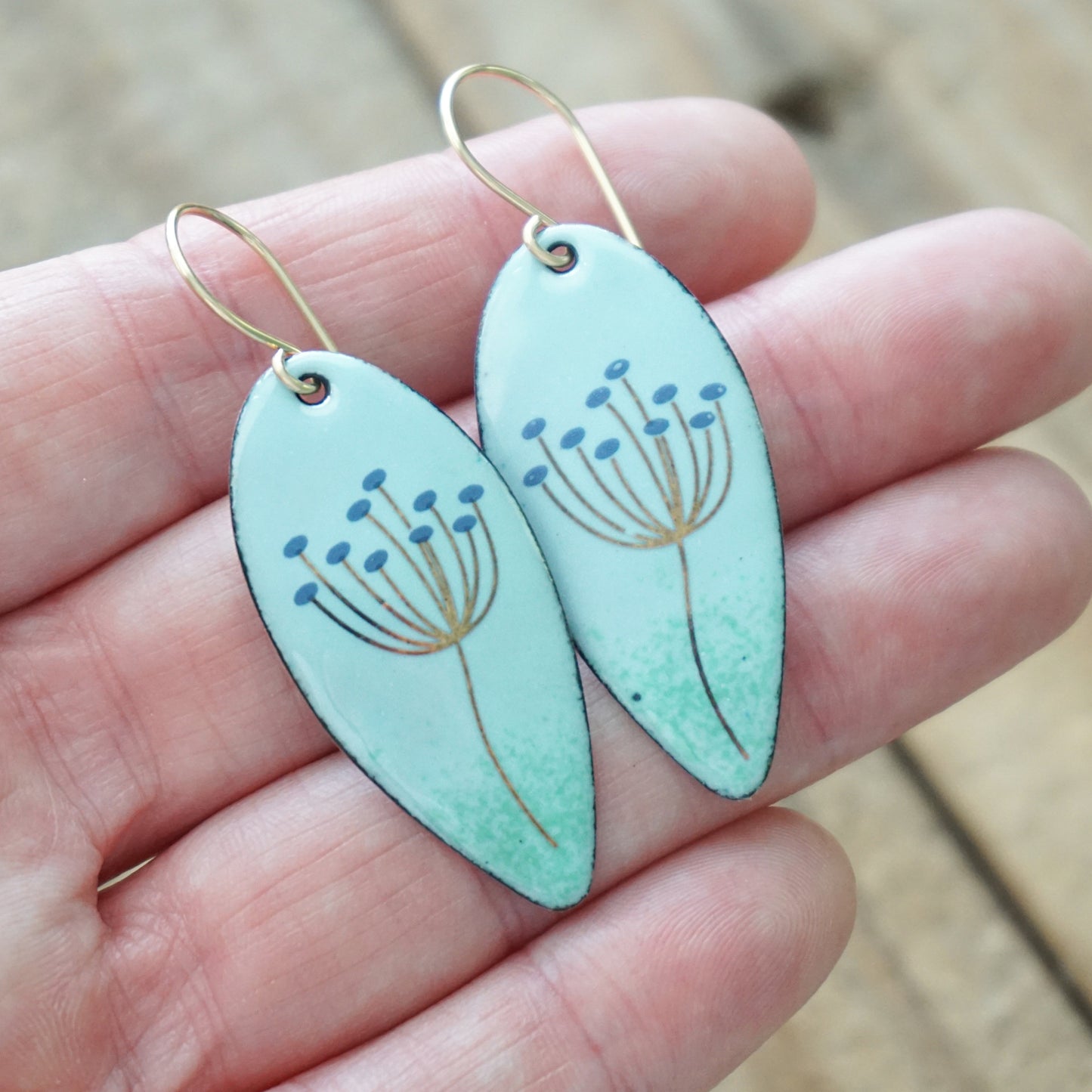 Gold and Blue Dandelions on Light Blue Enamel Teardrop Earrings