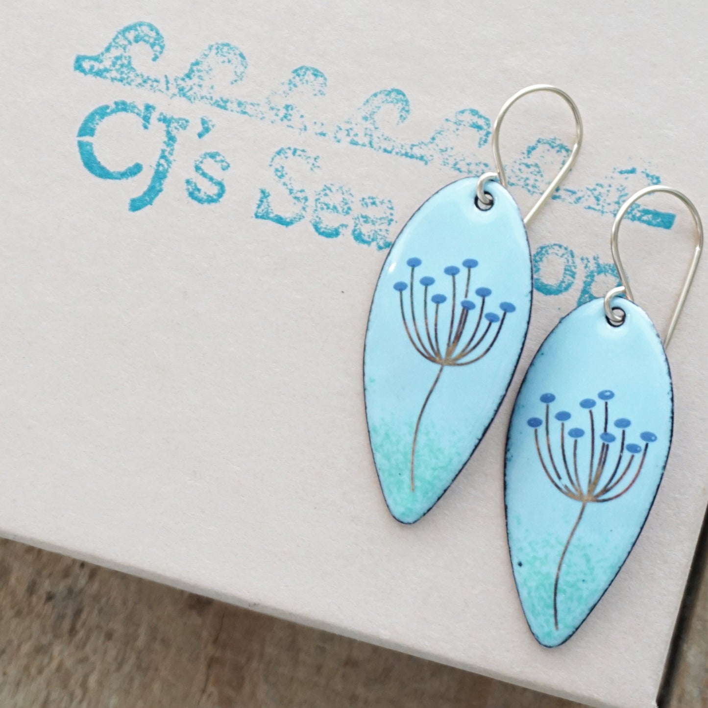 Gold and Blue Dandelions on Light Blue Enamel Teardrop Earrings