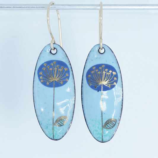 Gold and Blue Dandelions on Light Blue Enamel Oval Earrings