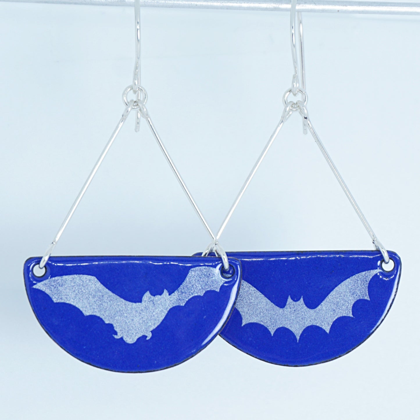 Bats on Cobalt Blue Enamel Half Circle Earrings