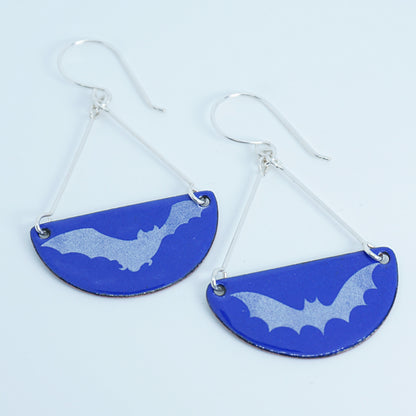 Bats on Cobalt Blue Enamel Half Circle Earrings