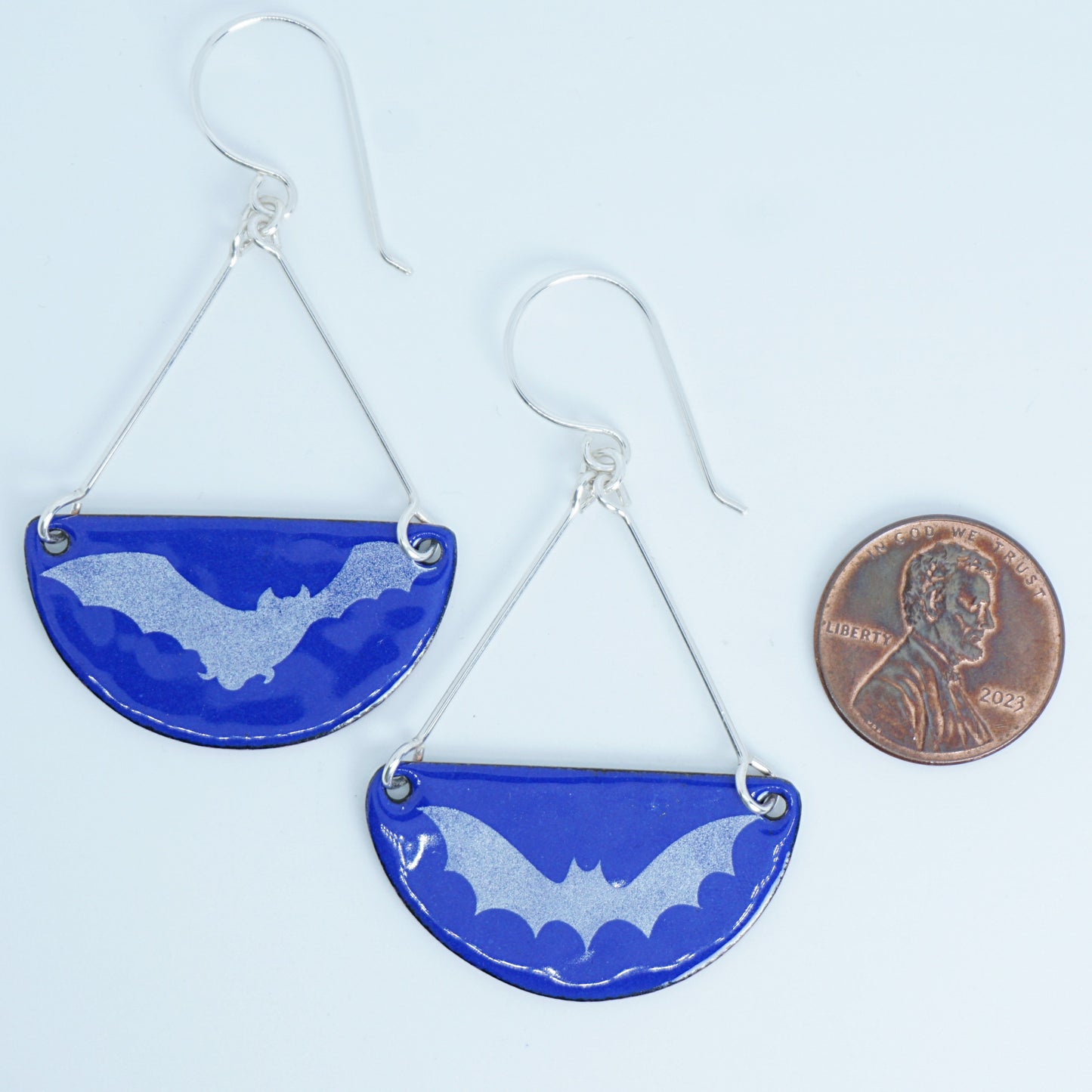 Bats on Cobalt Blue Enamel Half Circle Earrings