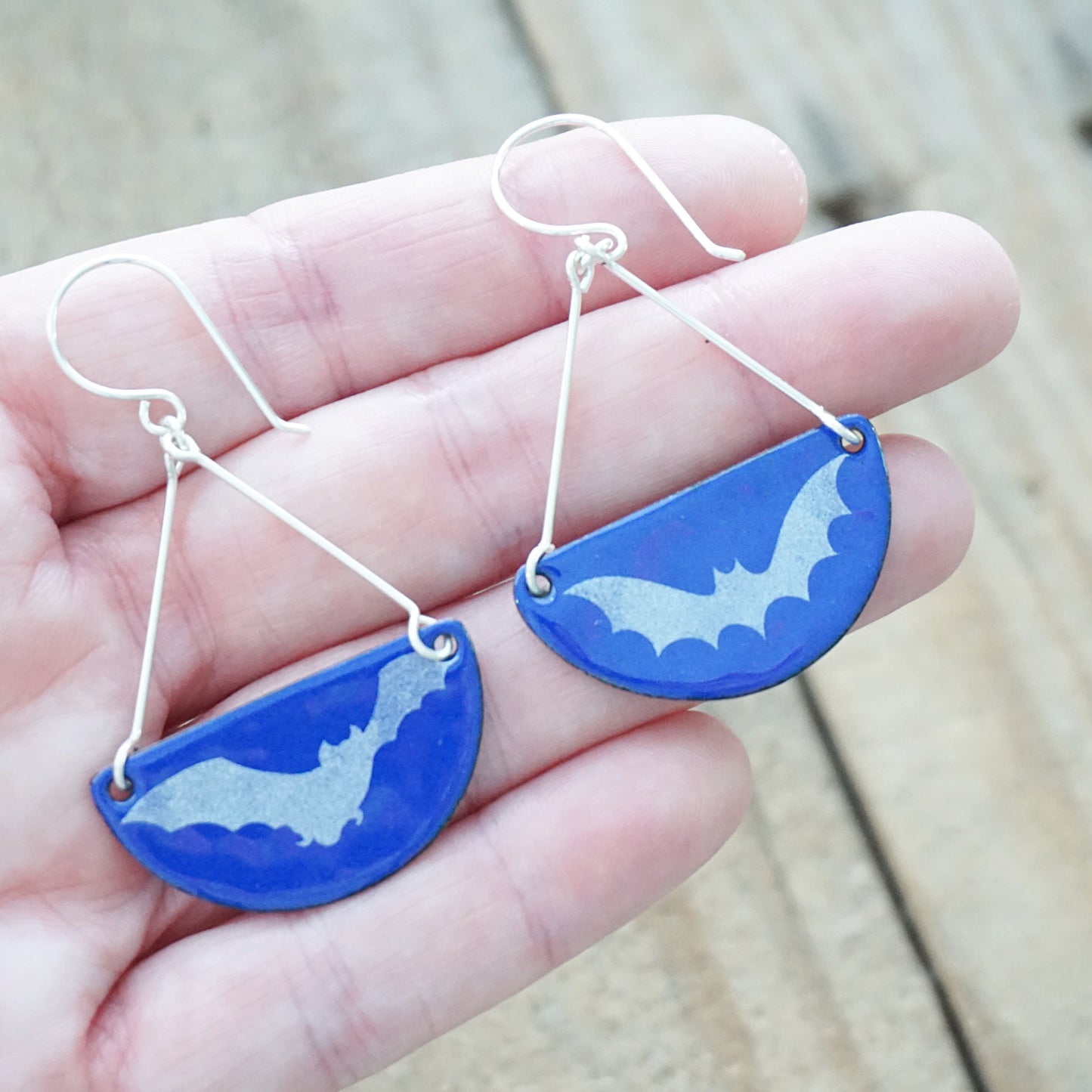 Bats on Cobalt Blue Enamel Half Circle Earrings