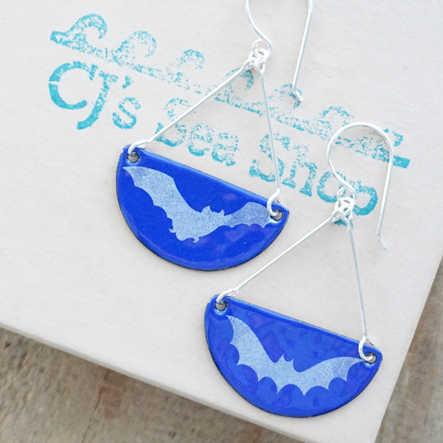 Bats on Cobalt Blue Enamel Half Circle Earrings