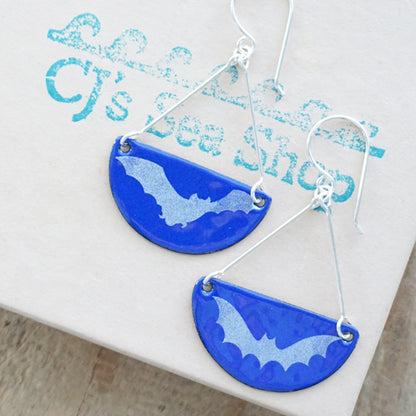 Bats on Cobalt Blue Enamel Half Circle Earrings