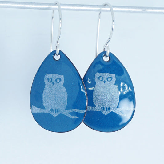 Owls on Peacock Teal Blue Enamel Teardrop Earrings